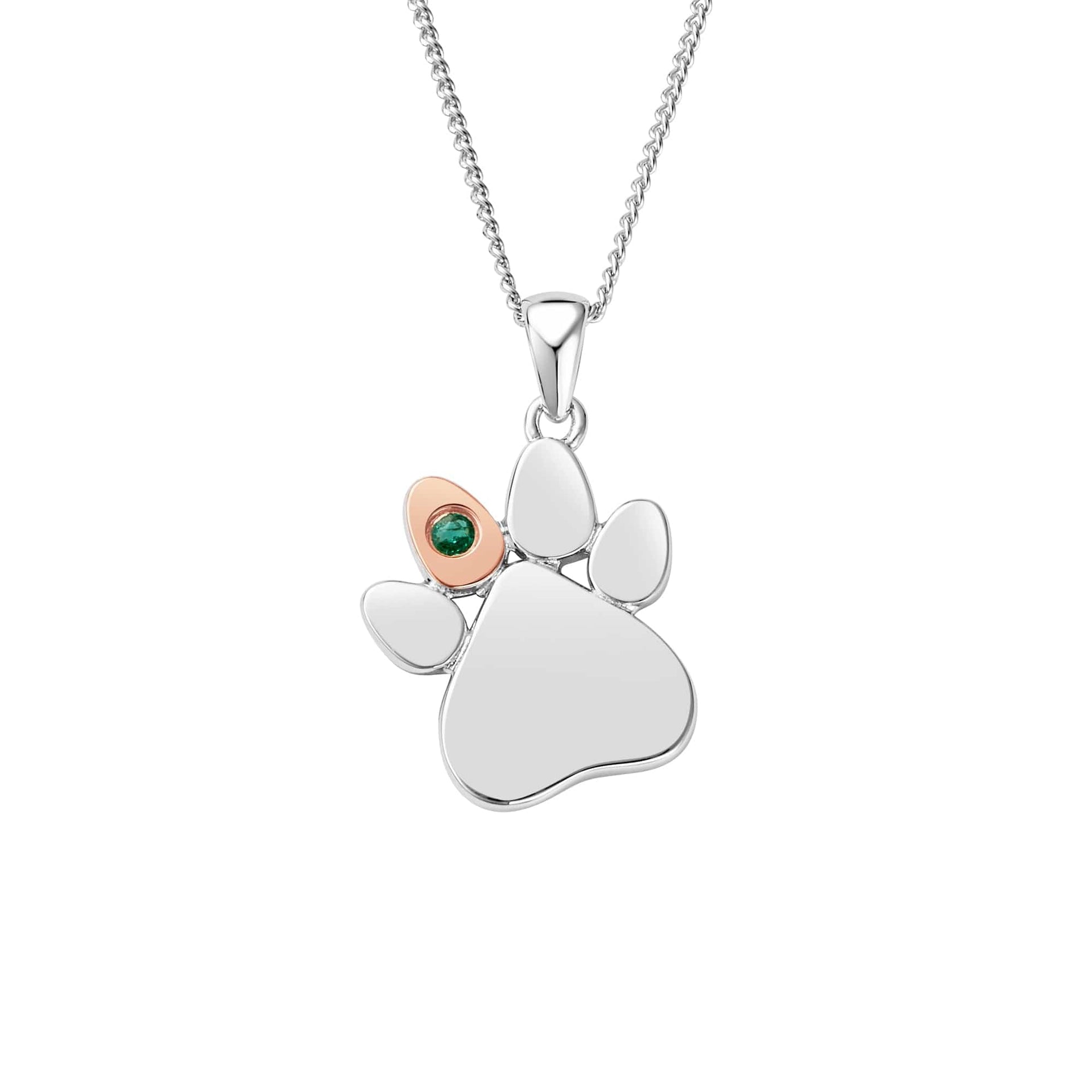 Paw Prints Sterling Silver Birthstone Pendant for May with Emerald
