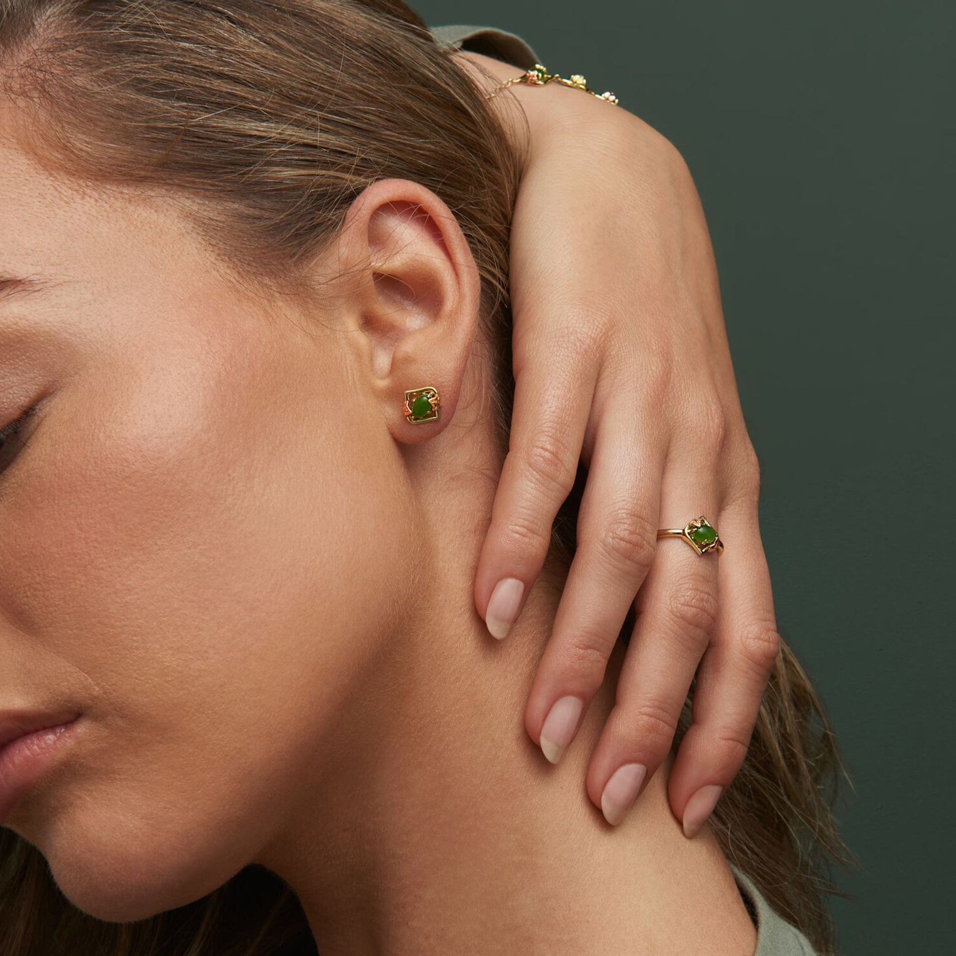Ivy Leaf Gold and Green Jasper Stud Earrings